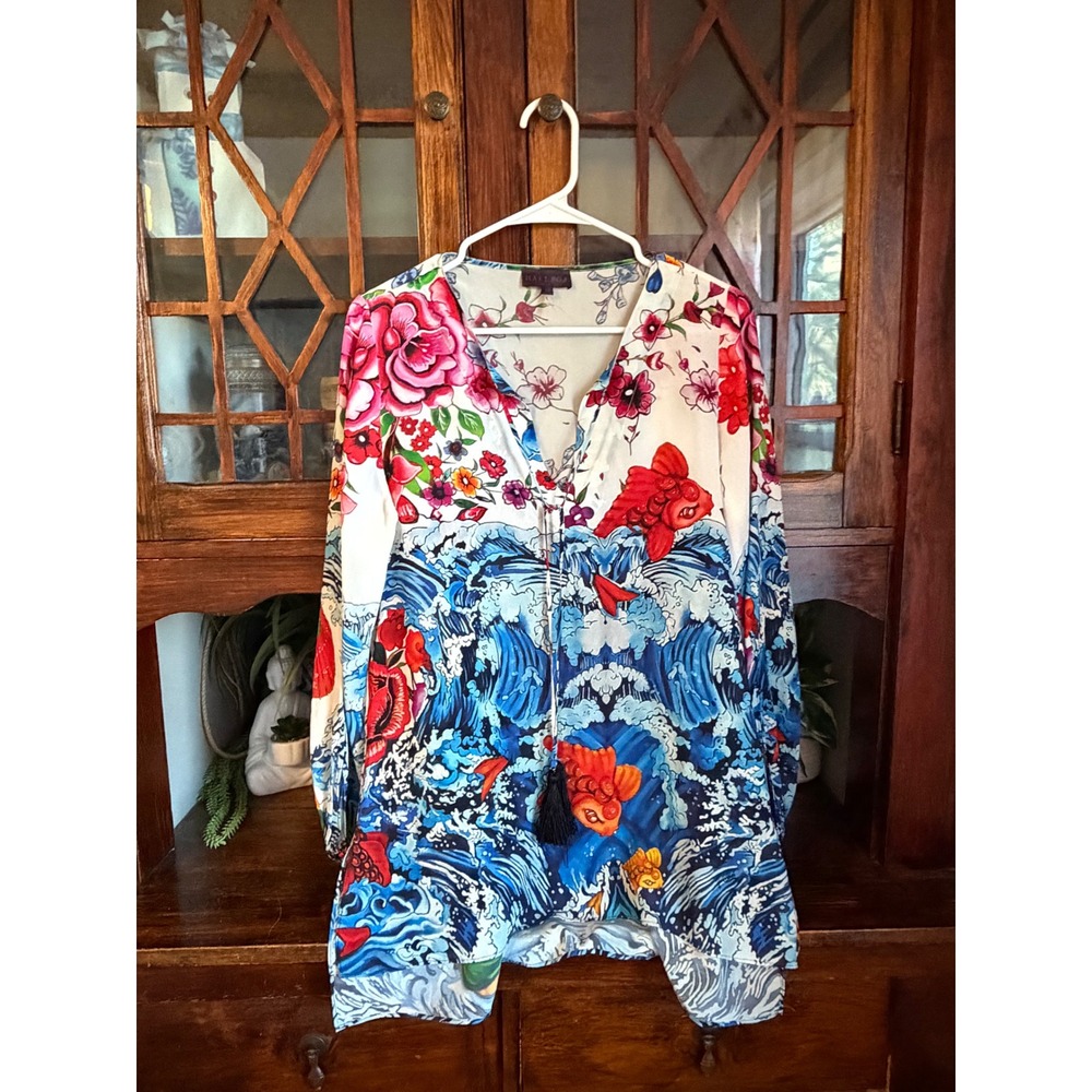 Hale Bob 100% Silk Tunic Blouse M Blue Floral Koi‎ Fish Geisha